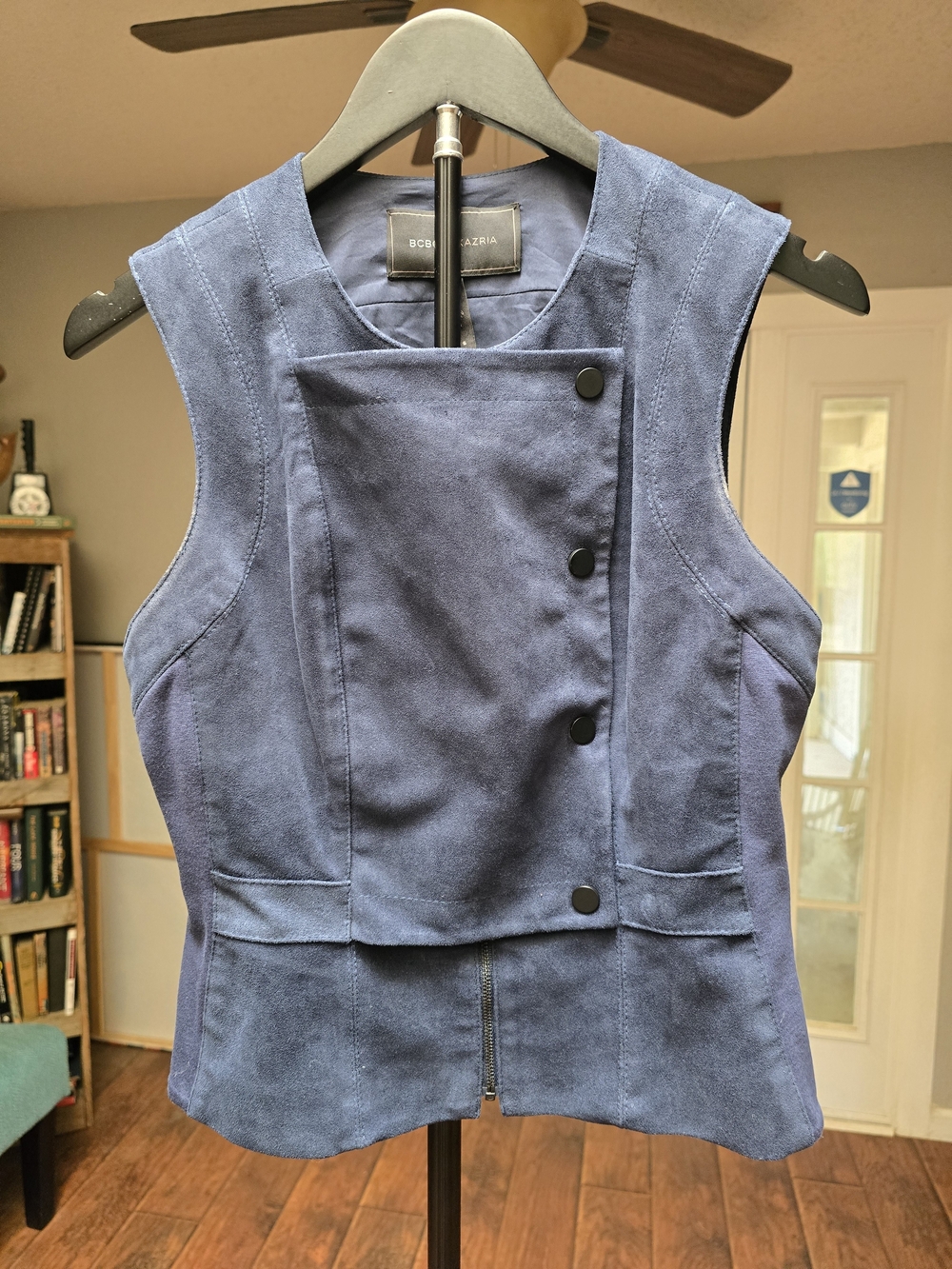 BCBGMAXAZRIA Blue Suede Asymmetrical Button Vest